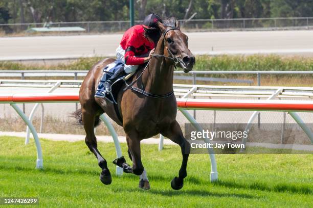 American Liaison ridden by Joe Bowditch wins the Wollert Lifestyle Group Maiden Plate at Kilmore Racecourse on February 24, 2023 in Kilmore,...