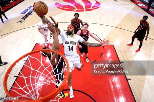 Brandon Ingram of the New Orleans Pelicans goes to the basket against the Toronto Raptors on February 23, 2023 at the Scotiabank Arena in Toronto,...