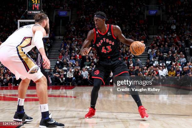 Pascal Siakam of the Toronto Raptors dribbles the ball against the New Orleans Pelicans on February 23, 2023 at the Scotiabank Arena in Toronto,...