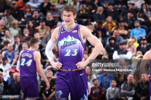 Lauri Markkanen of the Utah Jazz smiles during the game against the Oklahoma City Thunder on February 23, 2023 at vivint.SmartHome Arena in Salt Lake...