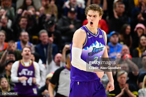 Lauri Markkanen of the Utah Jazz celebrates a three point basket in overtime against the Oklahoma City Thunder at Vivint Arena on February 28, 2023...