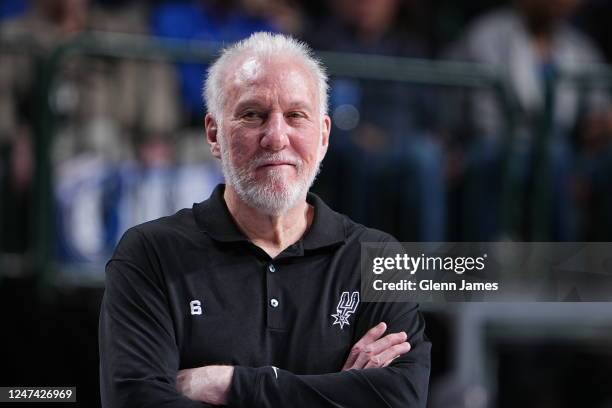 Head Coach Gregg Popovich of the San Antonio Spurs smiles during the game against the Dallas Mavericks on February 23, 2023 at the American Airlines...