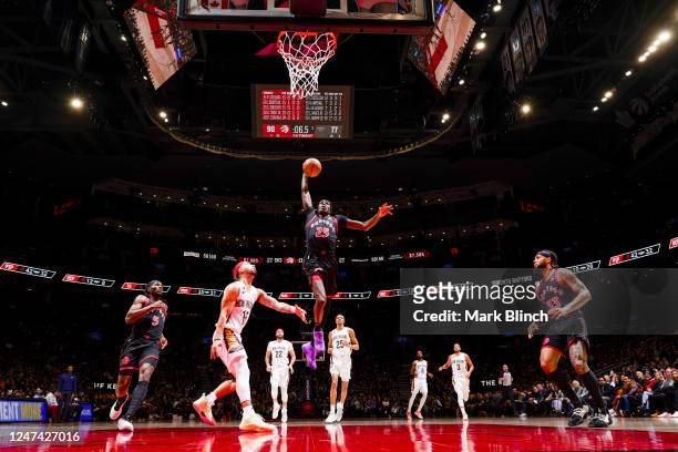 Chris Boucher of the Toronto Raptors dunks the ball against the New Orleans Pelicans on February 23, 2023 at the Scotiabank Arena in Toronto,...