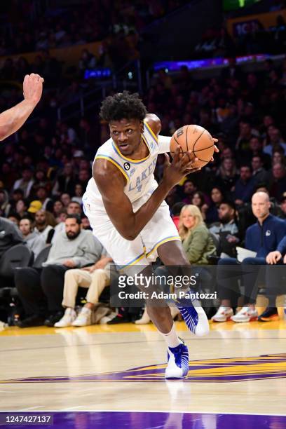 Mo Bamba of the Los Angeles Lakers drives to the basket during the game against the Golden State Warriors on February 23, 2023 at Crypto.Com Arena in...