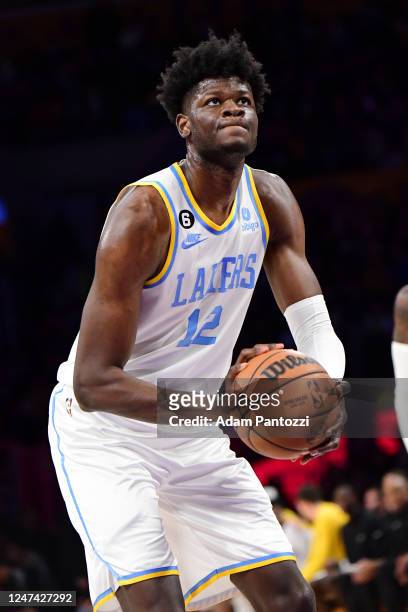 Mo Bamba of the Los Angeles Lakers prepares to shoot a free throw during the game against the Golden State Warriors on February 23, 2023 at...