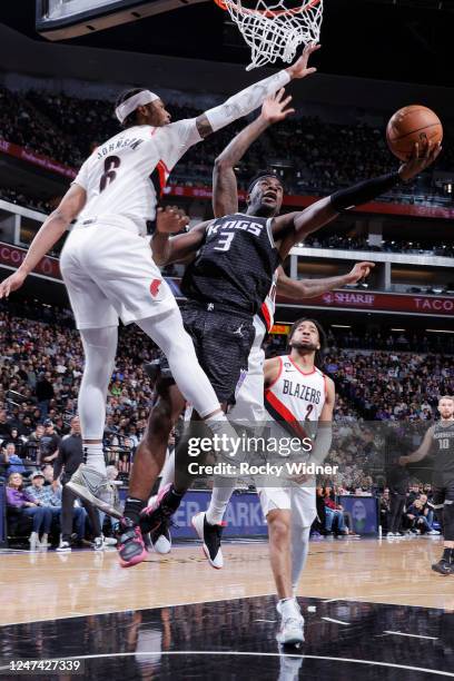 Terence Davis of the Sacramento Kings drives to the basket during the game against the Portland Trail Blazers on February 23, 2023 at Golden 1 Center...