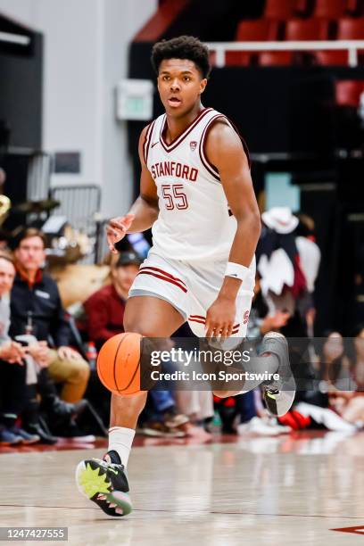 Stanford Cardinal forward Harrison Ingram brings the ball down the court during the college mens basketball game between the Washington State Cougars...