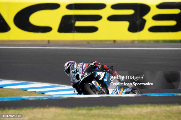 Garrett Gerloff of USA on the Bonovo Action BMW BMW during SuperBike Free Practice 2 at The 2023 FIM World Superbike Championship at The Phillip...