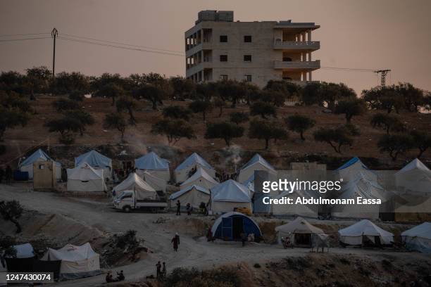 Picture shows a makeshift camp built for the affected people of the earthquake near Salqin on February 23, 2023 in Idlib, Syria. According to locals...