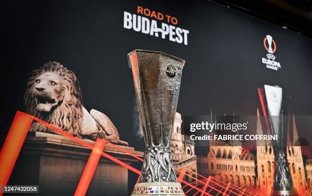 The UEFA Europa League trophy is pictured ahead of the draw for the round of 16 of the 2022-2023 UEFA Europa League football tournament in Nyon, on...