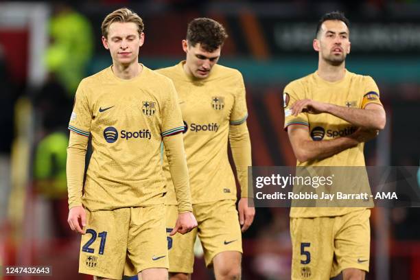 Dejected Frenkie de Jong of FC Barcelona walks off at full time during the UEFA Europa League knockout round play-off leg two match between...