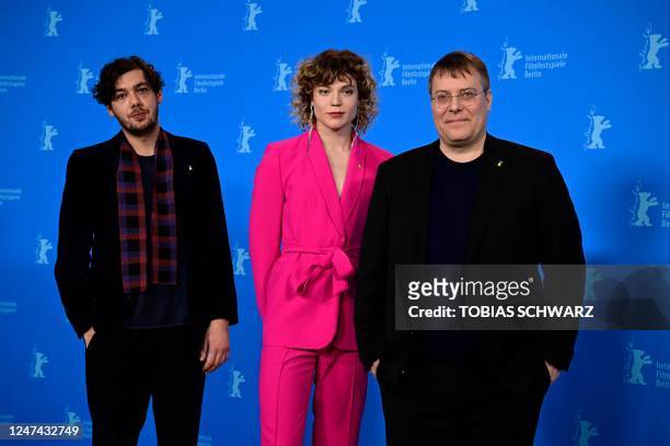 German actor Timocin Ziegle, Austrian actress Thea Ehre and German Director Christoph Hochhaeusler pose during a photocall for the film "Bis ans Ende...