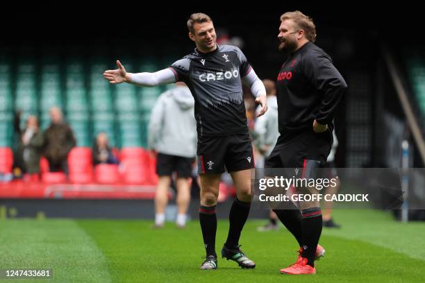 Wales' Tomas Francis and Wales' Dan Biggar attend the captain's run at the Millennium Stadium also known as Principality Stadium, in Cardiff, on...