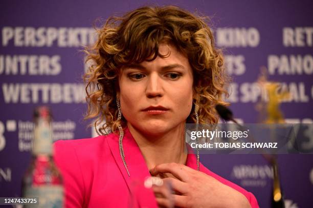 Austrian actress Thea Ehre reacts during a press conference for the film "Bis ans Ende der Nacht" presented in competition of the Berlinale, Europe's...