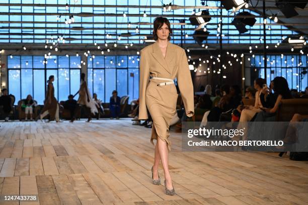 Model presents a creation for Sportmax on February 24, 2023 during the Fall-Winter 2023-2024 Women's Collections as part of the Fashion Week in Milan.