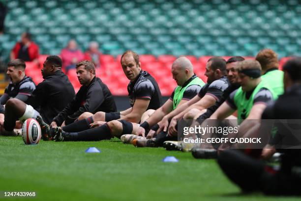 Wales' lock Alun Wyn Jones attends the captain's run at the Millennium Stadium also known as Principality Stadium, in Cardiff, on February 24 ahead...