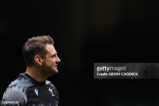 Wales' Dan Biggar attends the captain's run at the Millennium Stadium also known as Principality Stadium, in Cardiff, on February 24 ahead of the Six...