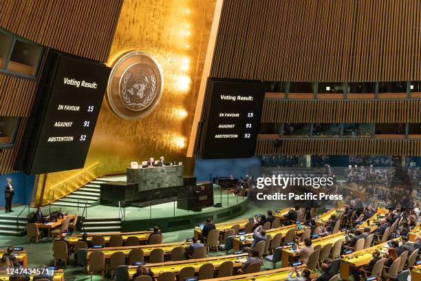 Results of a vote on the 2nd amendment introduced by Belarus during the General Assembly Emergency session on Russian aggression against Ukraine vote...