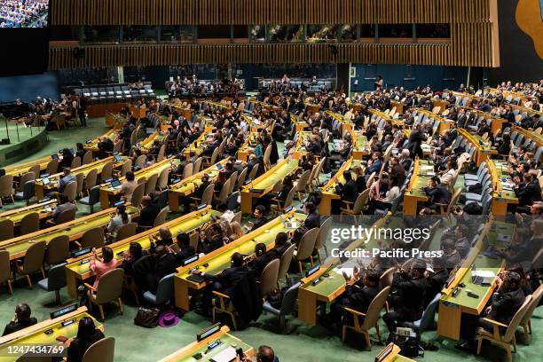 Delegates applaud after voting in support of Ukraine at General Assembly Emergency session on Russian aggression against Ukraine vote at UN...