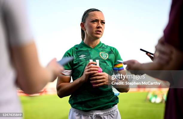 Algeciras , Spain - 22 February 2023; Katie McCabe of Republic of Ireland speaks to media after the international friendly match between China PR and...