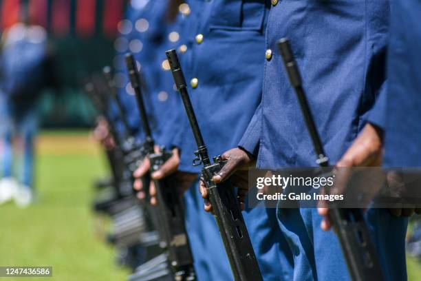 Police rifles at the official opening of the KwaZulu-Natal Legislature at Oval Cricket Stadium on February 23, 2023 in Pietermaritzburg, South...