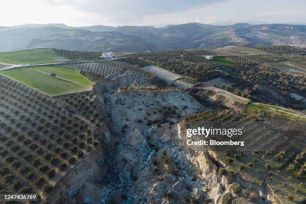 Fault line cracks through olive groves near the village of Tepekhan in Hatay, Turkey, on Thursday, Feb. 23, 2023. Turkish President Recep Tayyip...