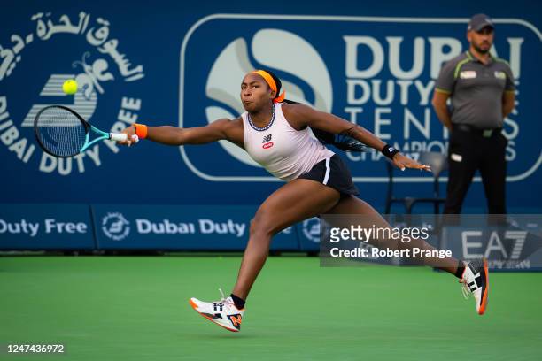 Coco Gauff of the United States in action against Iga Swiatek of Poland during her semi-final match on Day 6 of the Dubai Duty Free Tennis at Dubai...