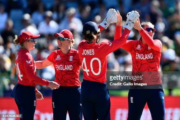 Amy Jones of England celebrates the wicket of Laura Wolvaardt of South Africa during the ICC Women's T20 World Cup Semi Final match between England...