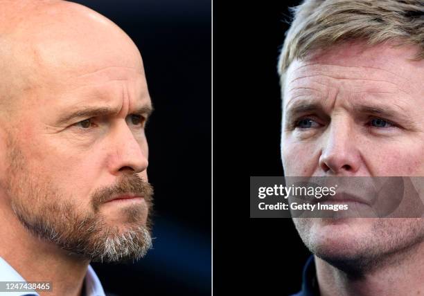 In this composite image a comparison has been made between Erik ten Hag, Manager of Manchester United and Eddie Howe, Manager of Newcastle United....