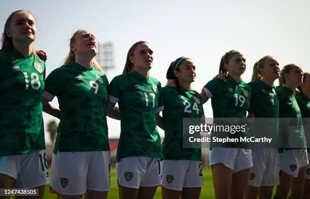 Algeciras , Spain - 22 February 2023; Republic of Ireland players, from left, Izzy Atkinson, Amber Barrett, Jamie Finn, Marissa Sheva, Hayley Nolan,...