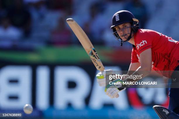 England's Nat Sciver-Brunt watches the ball after playing a shot during the semi-final T20 women's World Cup cricket match between South Africa and...