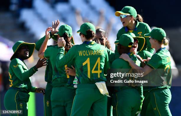 Tazmin Brits and Shabnim Ismail of South Africa celebrates taking a catch to dismiss Alice Capsey of England during the ICC Women's T20 World Cup...