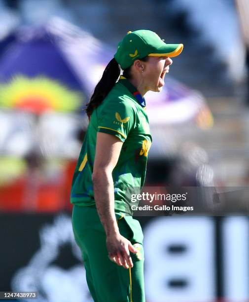 Tazmin Brits of South Africa celebrates taking a catch to dismiss Alice Capsey of England during the ICC Women's T20 World Cup Semi Final match...