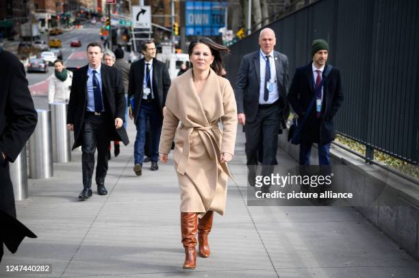 February 2023, USA, New York: Annalena Baerbock , Foreign Minister, walks from the German House, Germany's Permanent Mission to the United Nations ,...
