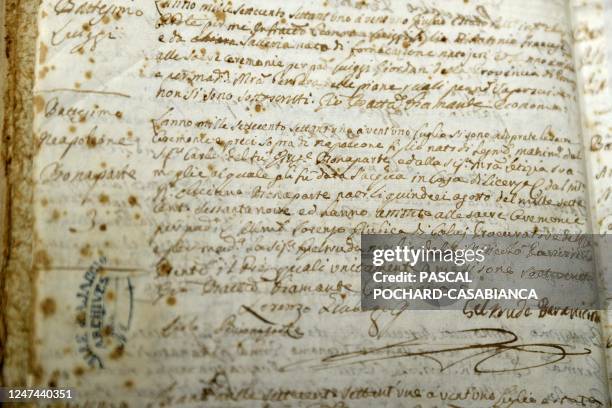 This photograph taken on Februray 23, 2023 shows the Napoleon Bonaparte baptism certificate sored atthe Ajaccio municipal Fesch library, in Ajaccio...