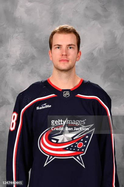 Lane Pederson of the Columbus Blue Jackets poses for his official headshot for the 2022-2023 season at Nationwide Arena on February 23, 2023 in...