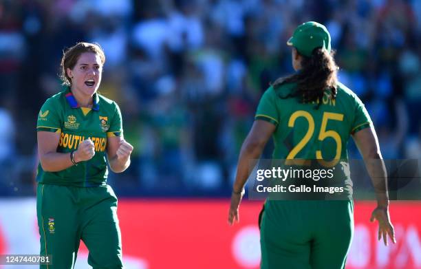 Nadine De Klerk of South Africa celebrates taking the wicket of Nat Sciver-Brunt of England during the ICC Women's T20 World Cup Semi Final match...