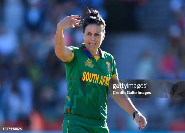 Marizanne Kapp of South Africa reacts during the ICC Women's T20 World Cup Semi Final match between England and South Africa at Newlands Stadium on...