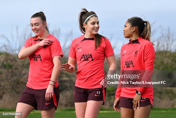 Miri Taylor, Carla Humphrey and Taylor Hinds of Liverpool FC Women during a training session at Solar Campus on February 24, 2023 in Wallasey,...