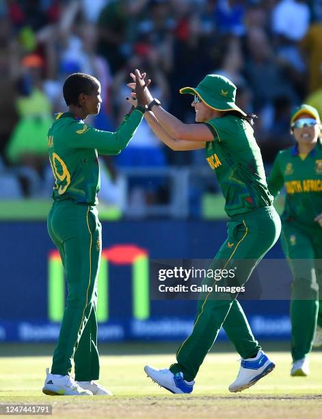 Ayabonga Khaka of South Africa celebrates taking the wicket of Sophie Ecclestone of England during the ICC Women's T20 World Cup Semi Final match...