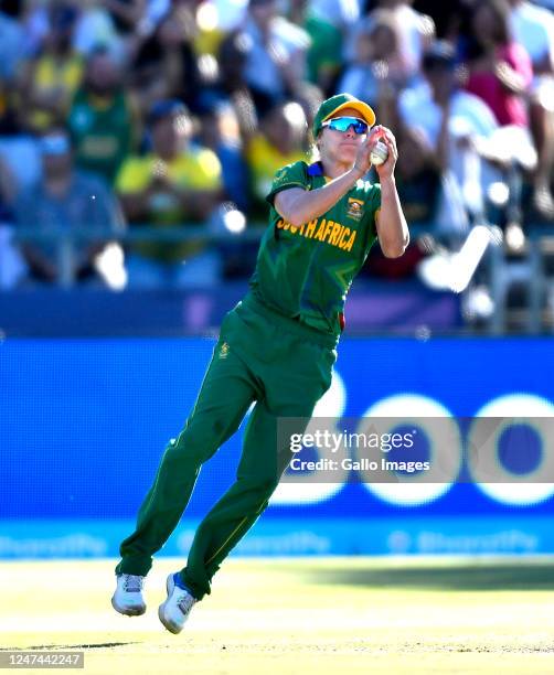 Anneke Bosch of South Africa takes a catch to dismiss Amy Jones of England during the ICC Women's T20 World Cup Semi Final match between England and...