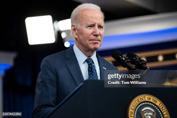 President Joe Biden addresses the media in the Eisenhower Executive Office Building about the aerial objects shot down over the U.S. And Canada...