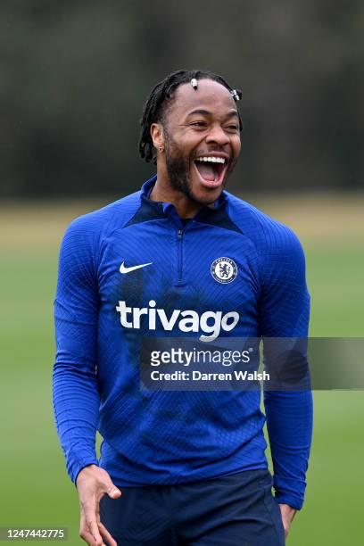 Raheem Sterling of Chelsea during a training session at Chelsea Training Ground on February 24, 2023 in Cobham, England.