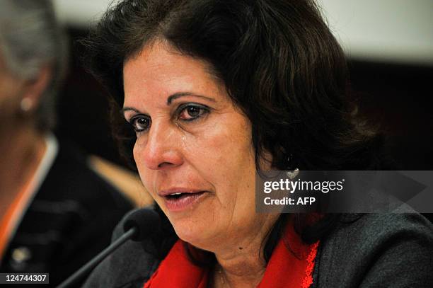 Olga Salanueva, relative of Rene Gonzalez, one of the Cuban Five, speaks during a press conference in Caracas, on September 12, 2011. Relatives of...