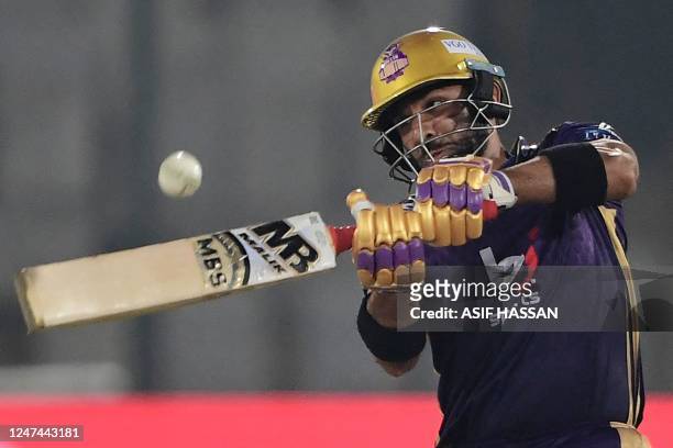 Quetta Gladiators' Pakistani cricketer Iftikhar Ahmed plays a shot during the Pakistan Super League T20 cricket match between Islamabad United and...