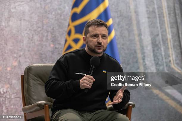 Ukrainian President Volodymyr Zelensky speaks to the media during a press conference as Ukraine marks one year since Russia's large-scale invasion,...