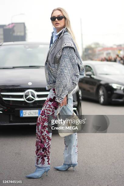 Romee Strijd is seen arriving at the Gucci Show on February 24, 2023 in Milan, Italy.
