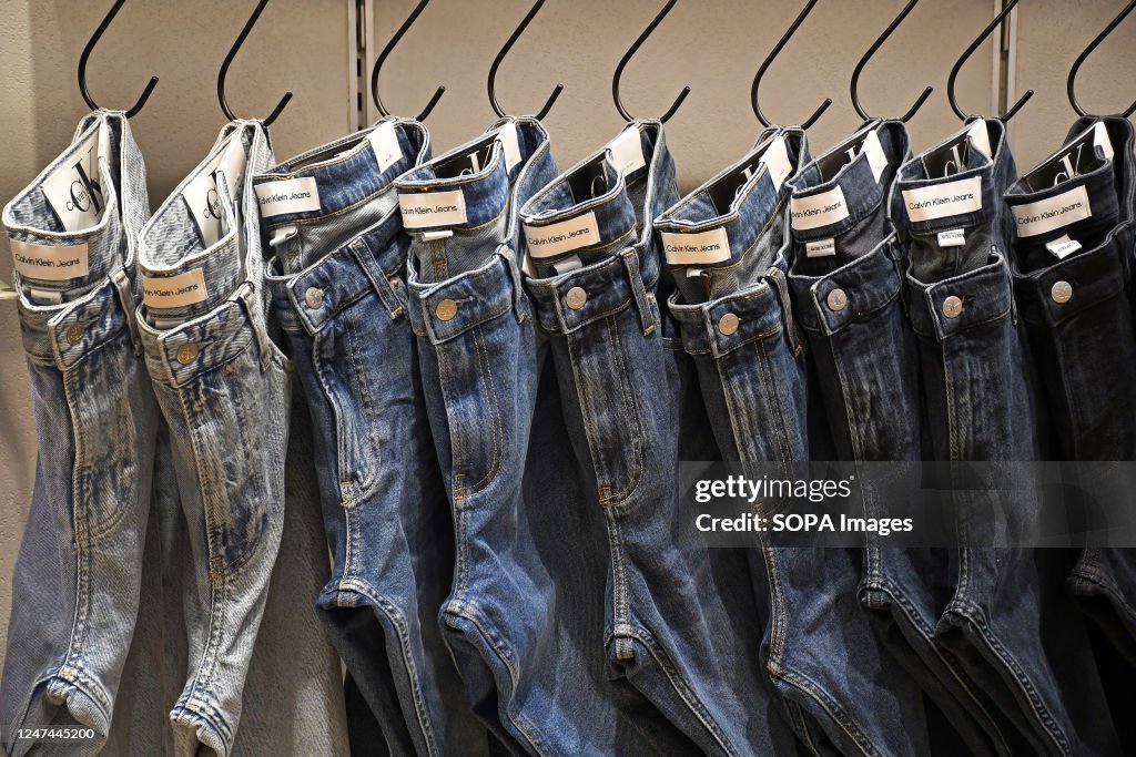 Calvin Klein jeans are seen hanging inside the store at Jio...