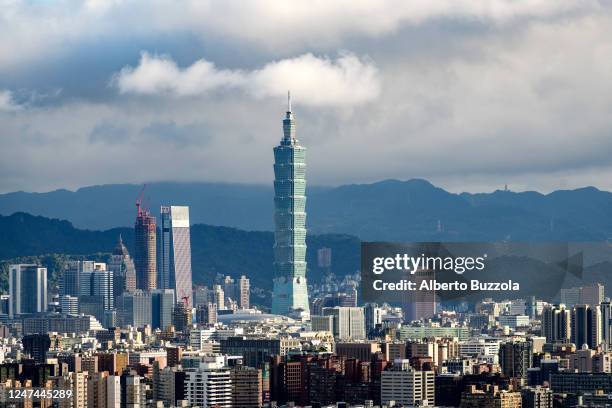 View over the modern Eastern District of Taipei where the 101 skyscraper is located. The 101 is the tallest building in Taiwan and one of the tallest...