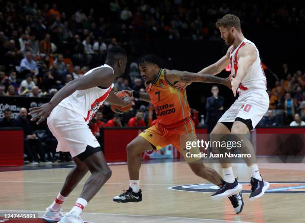 Chris Jones, #7 of Valencia Basket in action during the 2022-23 Turkish Airlines EuroLeague Regular Season Round 25 game between Valencia Basket and...